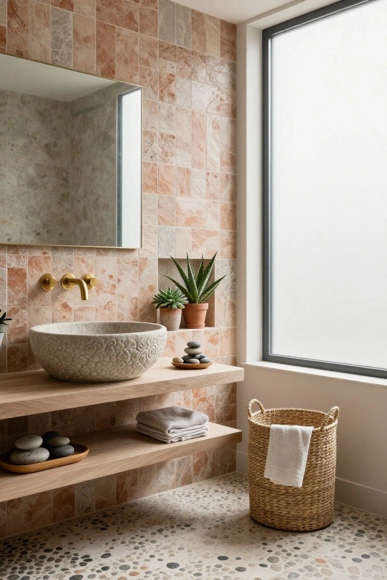 Bathroom with terracotta tiled walls, pebble stone floor, carved stone vessel sink on wooden shelf vanity, gold faucet, potted plants, stacked towels, woven basket, and large frosted window beside mirror.