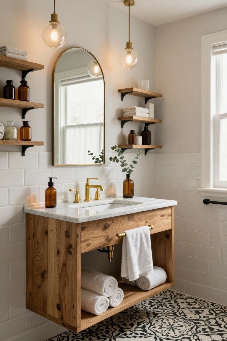 A bathroom vanity made of reclaimed wood with a white marble top and gold faucet, flanked by two hanging gold globe pendant lights, an arched gold mirror, floating wood shelves with glass jars, white subway tile walls, and black and white patterned floor tiles.