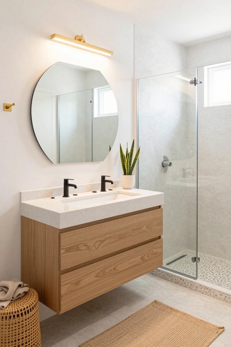 Modern bathroom featuring a floating oak vanity with two black faucets, round black-framed mirror, gold linear wall sconce above, glass shower enclosure with pebble floor, potted snake plant, and woven stool.