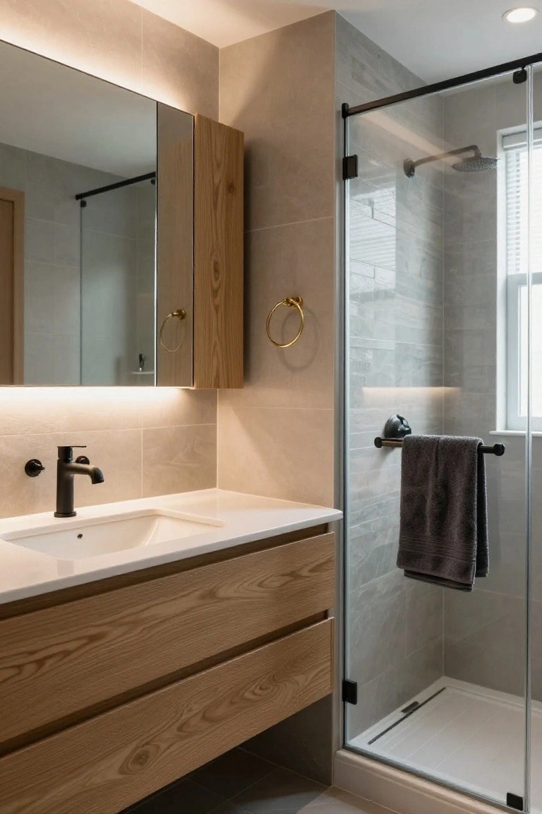 Modern bathroom with oak vanity and mirror cabinet featuring LED backlighting, white sink, black faucet, glass shower enclosure, and gray tile walls.