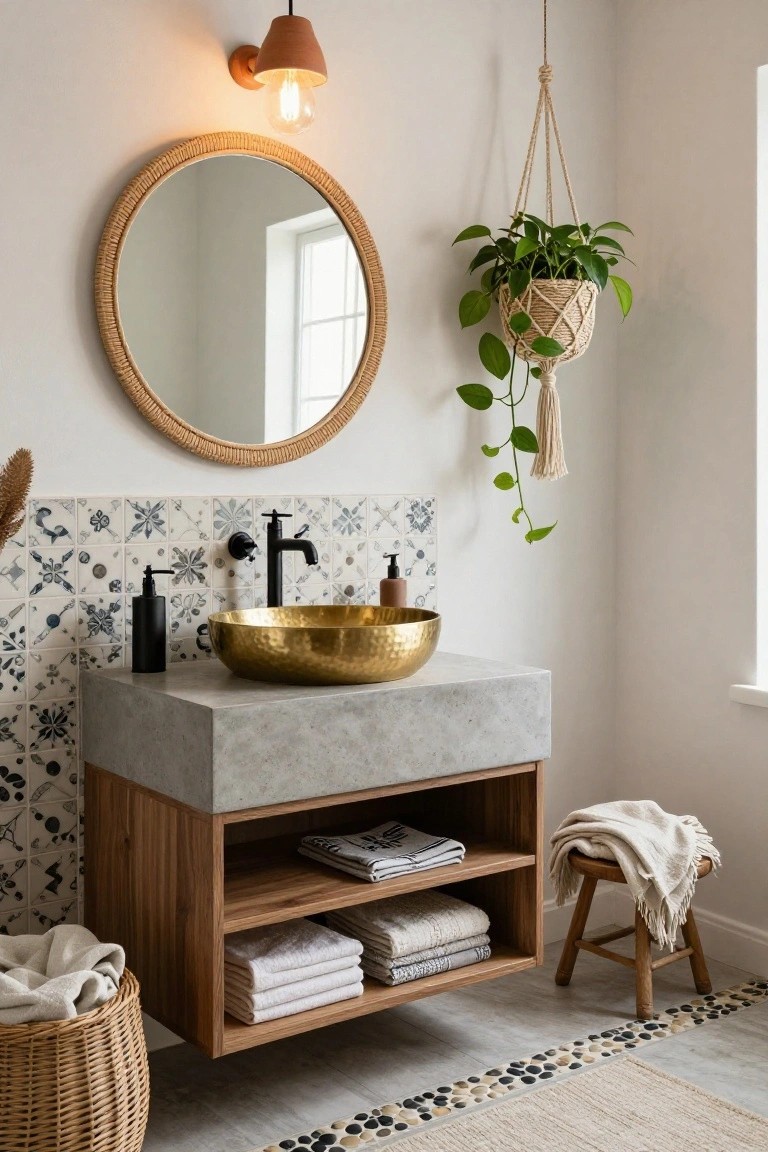 Bathroom with concrete vanity topped by gold vessel sink and black faucet, blue floral tiles, round rattan mirror, hanging plant, linen towels, woven basket, wood stool, and terracotta wall sconce with exposed bulb.