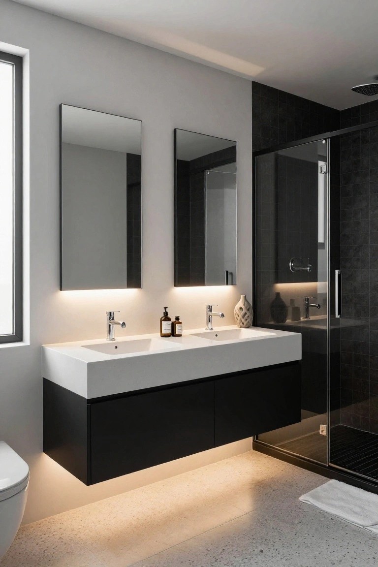 Modern bathroom interior featuring a white double sink vanity on black cabinets with underlighting, two rectangular mirrors with edge lighting, black tiled walk-in shower, white toilet, and light gray terrazzo floor.