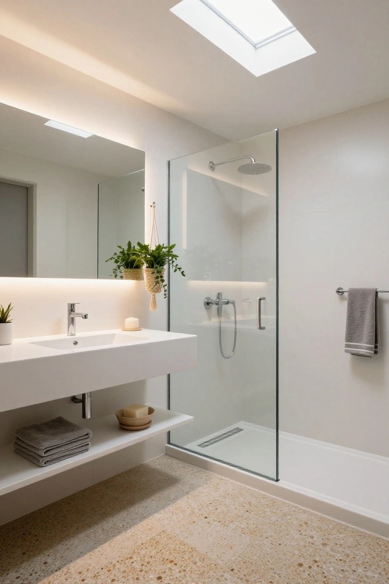 Modern bathroom with large rectangular mirror featuring integrated backlit LED strips, floating white vanity with faucet and shelf, glass shower enclosure, potted plants, towels, and terrazzo tile floor under skylight.