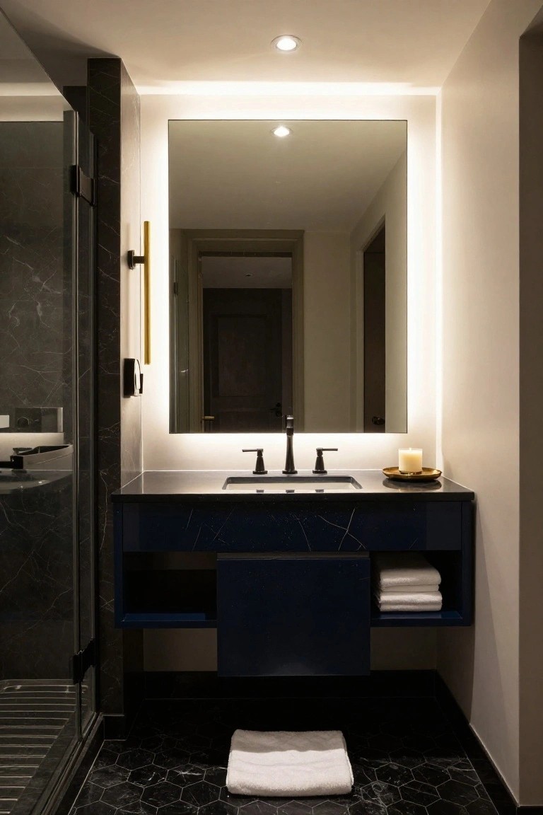 Modern bathroom with floating navy marble vanity, large rectangular mirror edged in LED lighting, glass shower enclosure, white towels, candle on counter, and black hexagonal floor tiles.