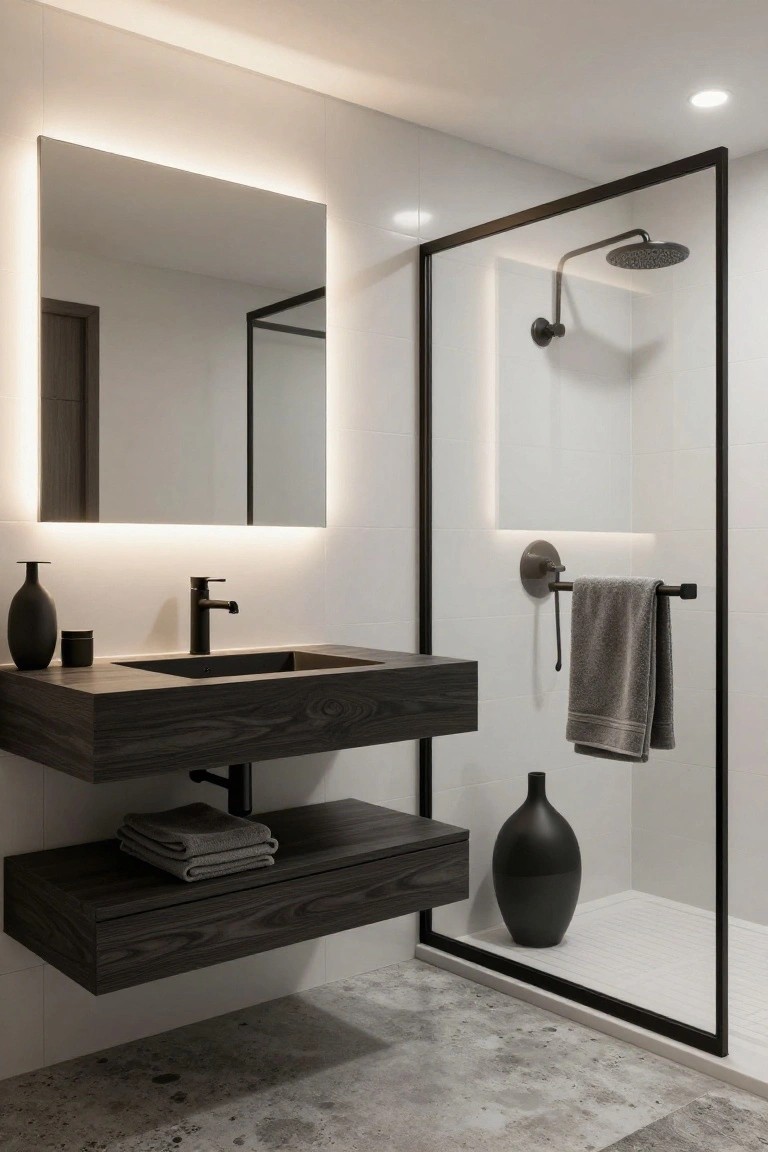 Modern bathroom with large rectangular backlit mirror above floating dark wood vanity sink, black metal shower enclosure, towels on grab bar, black vases, and polished concrete floor.