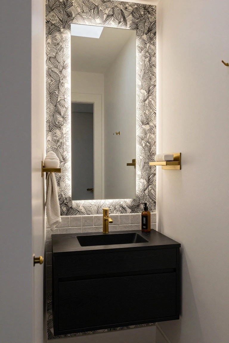 A bathroom with a tall rectangular mirror framed in black and white leaf pattern with integrated edge LED lighting, mounted above a black floating vanity and gold faucet on a white tiled wall.