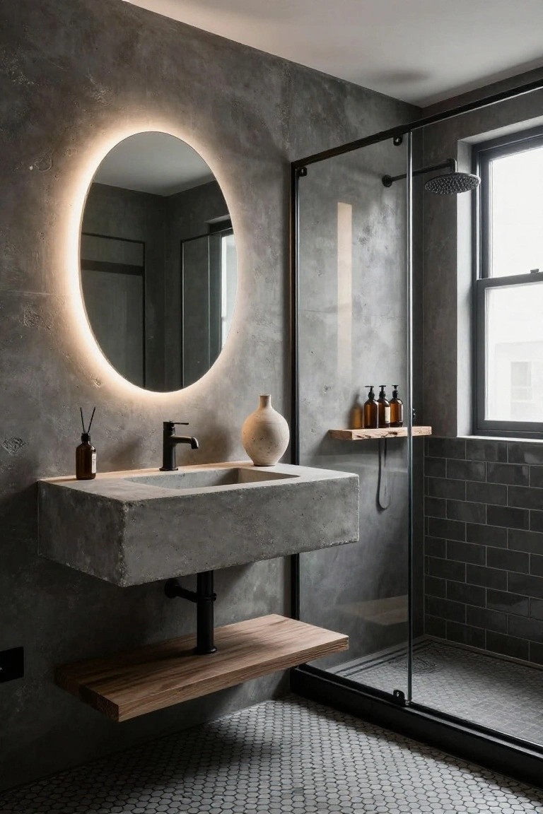 Modern bathroom with gray textured walls, oval backlit mirror above floating concrete sink, black metal faucet, wood shelf with bottles and vase, and glass shower enclosure with dark subway tile floor.