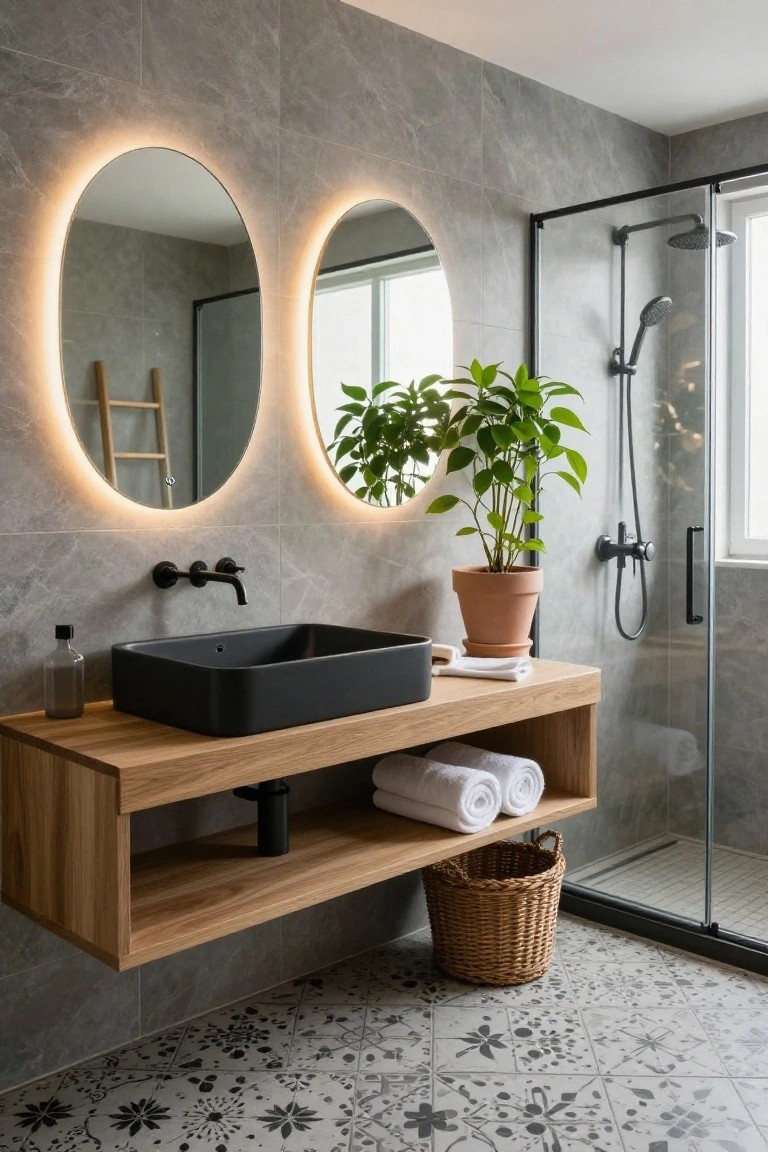 Bathroom vanity with two oval mirrors featuring warm LED edge lighting, black rectangular sink on floating wooden shelf, black fixtures, potted plant, glass shower enclosure, and gray tiled walls and floor.