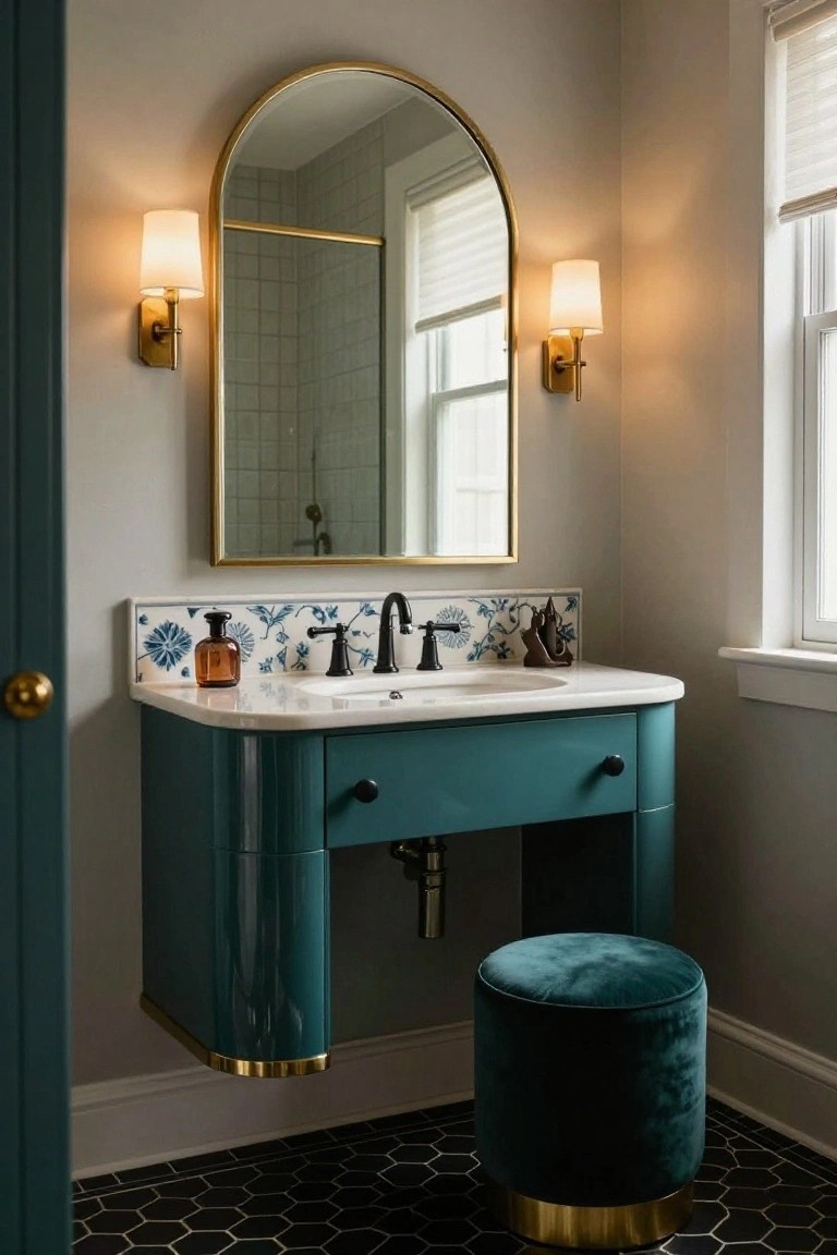 Bathroom vanity in teal with white sink and black faucet, arched gold mirror flanked by two matching wall sconces with white shades, blue floral tile backsplash, gold door knob, and black hexagonal floor tiles.