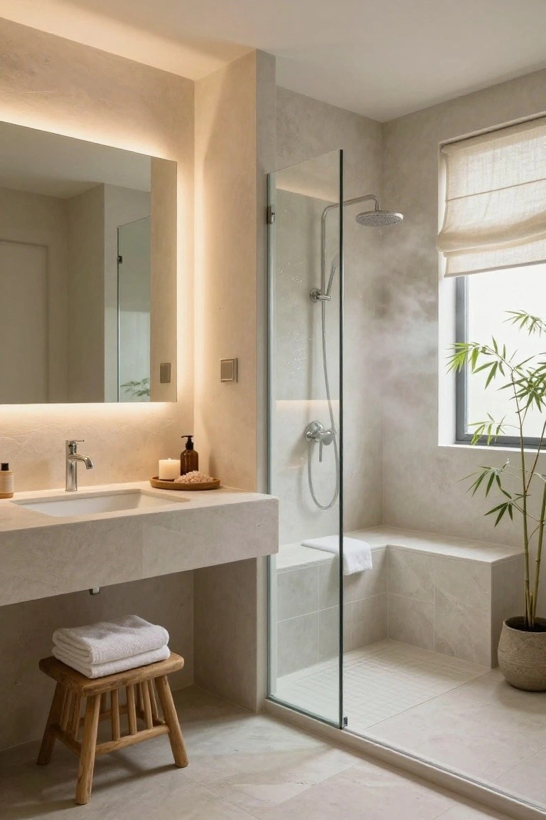 Modern bathroom with large rectangular mirror featuring integrated edge backlighting above a white floating vanity sink, glass shower enclosure with bench, beige tiled walls and floor, potted bamboo plant by window with linen shade, wooden stool holding folded towels.