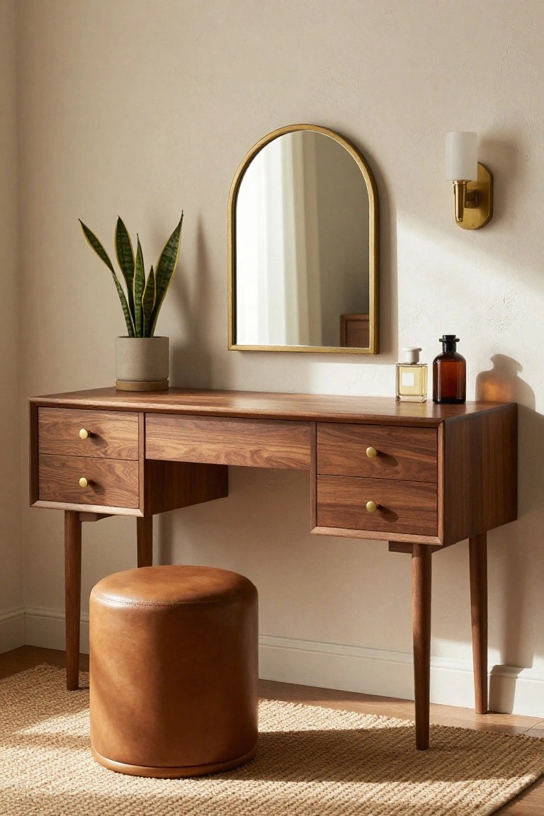 Wooden vanity desk with brass knobs and drawers in a light beige room, arched gold mirror mounted above it, snake plant in gray pot on desk, perfume bottles nearby, brown leather pouf stool in front, jute rug on floor.