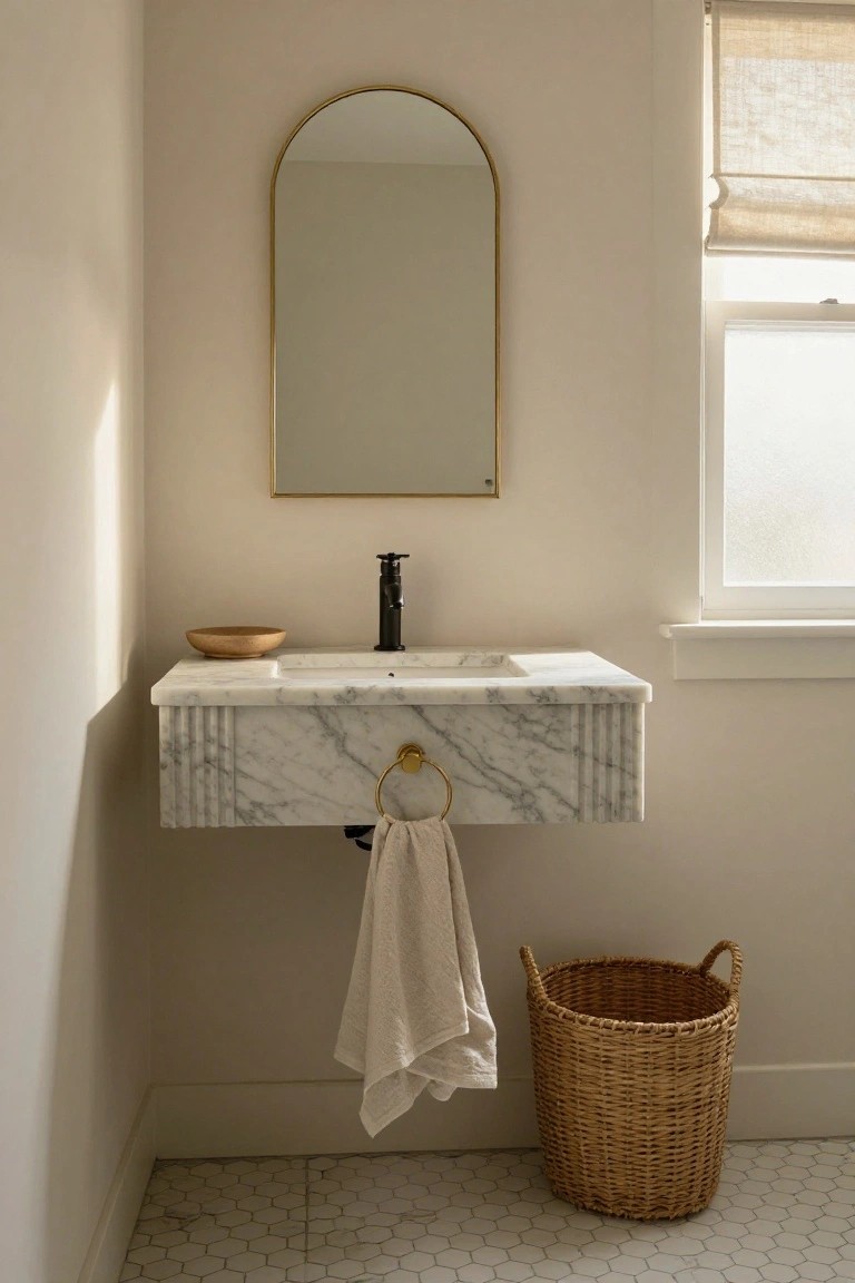 Gold arched mirror above white fluted marble floating vanity with black faucet in a light bathroom corner, towel on gold ring and wicker basket on hex tile floor.