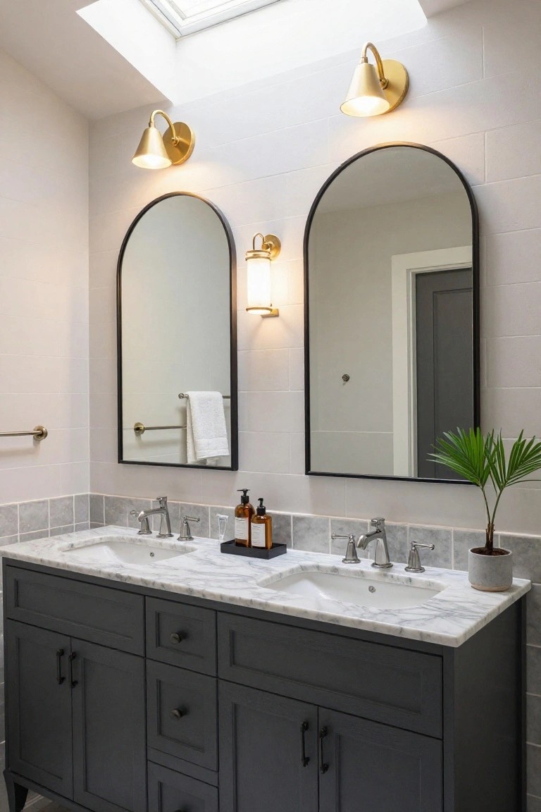 A bathroom vanity in dark gray shaker cabinets topped with white marble and two undermount sinks, under two tall arched black-framed mirrors with gold sconces on white tiled walls.