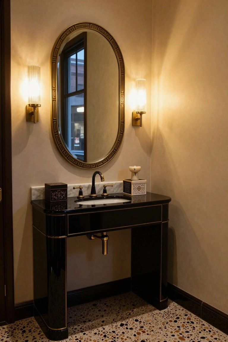 Small bathroom with black lacquered console vanity, white marble sink, oversized oval mirror with gold Greek key frame, matching gold sconces, and terrazzo floor.