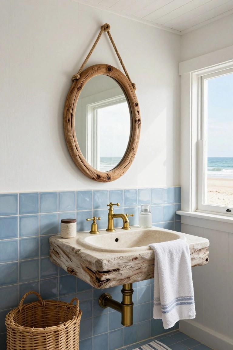 Bathroom with blue tile backsplash, white walls, driftwood vanity and sink with gold faucet, oval wooden mirror hung by rope, white towel draped over sink edge, wicker basket on floor, and window showing beach view.