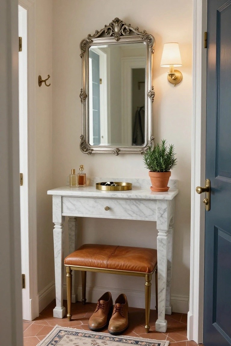 Small interior hallway nook with white marble-topped console table as vanity, ornate silver-framed mirror above it, brown leather stool, potted rosemary plant, perfume bottles, brass tray with jewelry, brown leather shoes on terracotta tile floor, and navy door nearby.