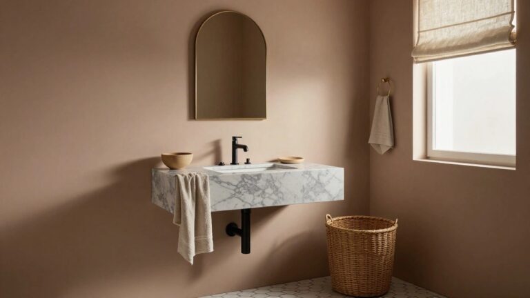 19 Lovely Mirror And Vanity Pairings For A Seamless Look Gold arched mirror above white fluted marble floating vanity with black faucet in a light bathroom corner, towel on gold ring and wicker basket on hex tile floor.