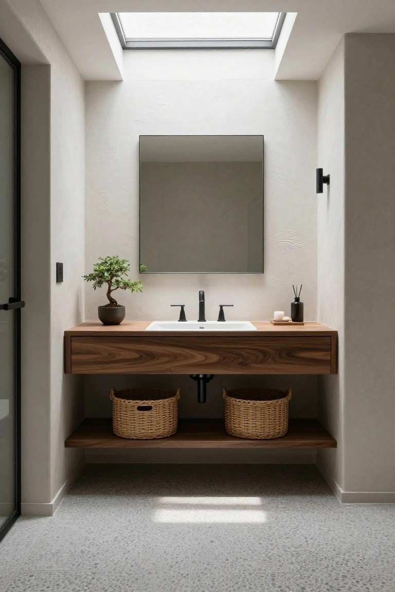Modern bathroom with floating walnut wood vanity and sink, square frameless mirror above, bonsai plant on vanity, wicker baskets on shelf below, skylight overhead, and speckled gray floor tiles.