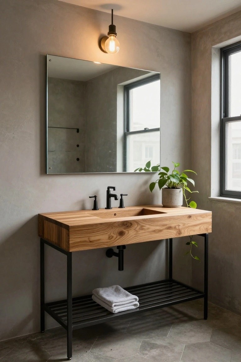 Bathroom vanity of light wood with integrated sink basin, supported by black metal legs and shelf, beneath a large rectangular mirror on a textured gray wall next to a window and potted plant.