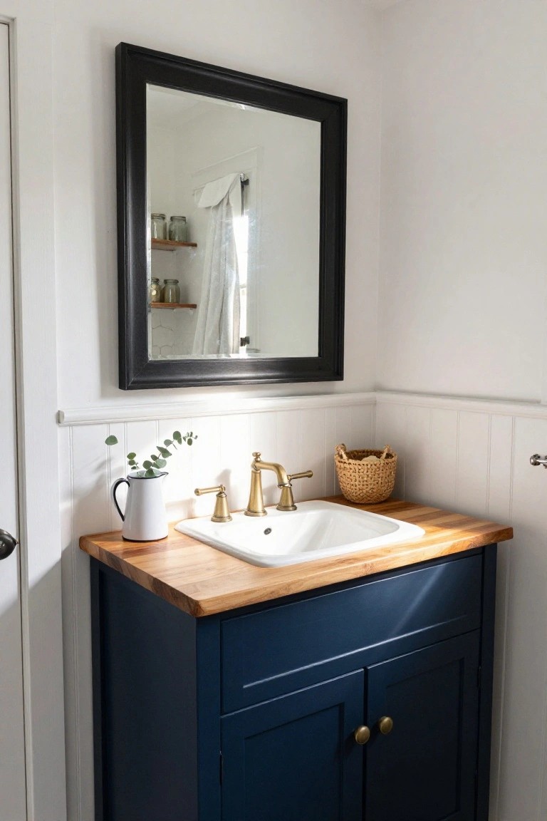 Corner bathroom vanity in dark navy with light wood top, white sink, brass faucet, large rectangular black-framed mirror above, white shiplap walls, eucalyptus in white pitcher and woven basket on counter.