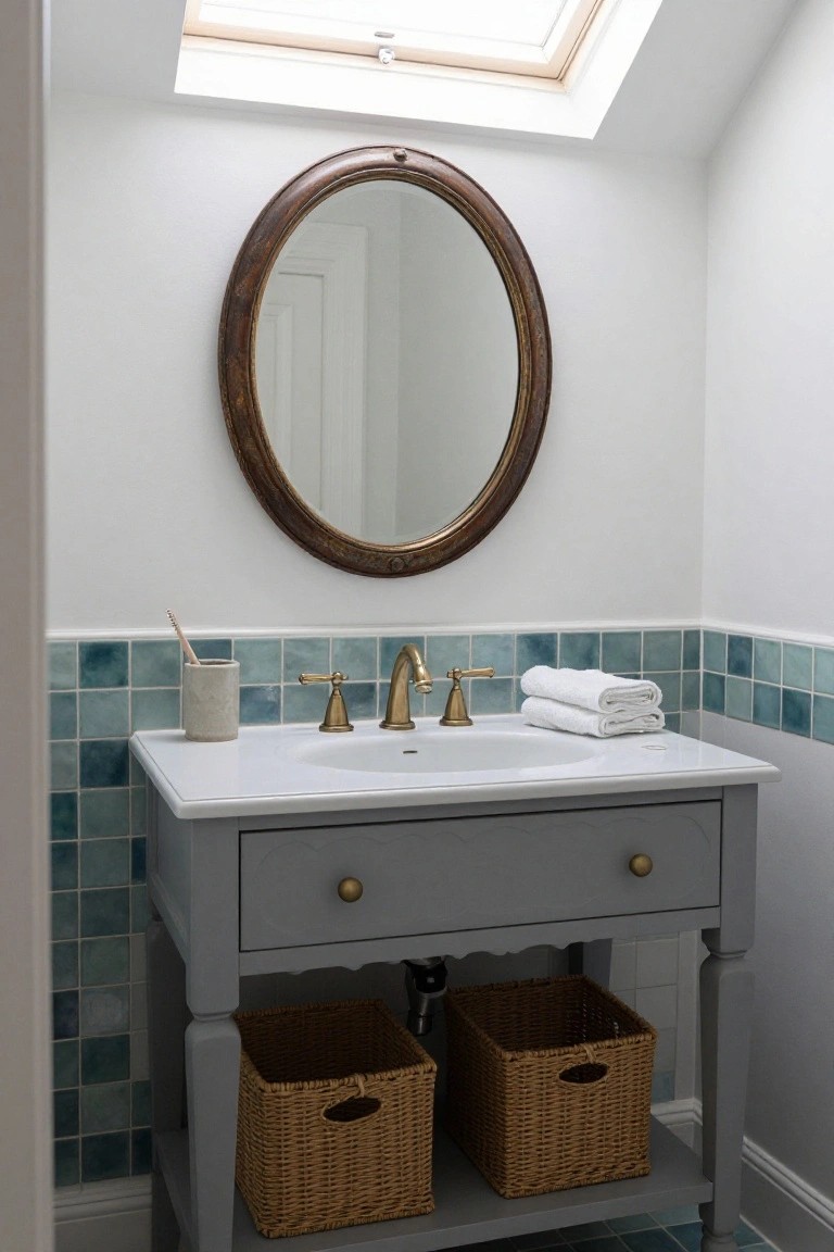 Small bathroom with gray console vanity, white sink, brass faucet, folded white towels, gray stoneware toothbrush holder, large oval wood-framed mirror, teal subway tile wainscot, wicker baskets on lower shelves, and skylight in sloped ceiling.