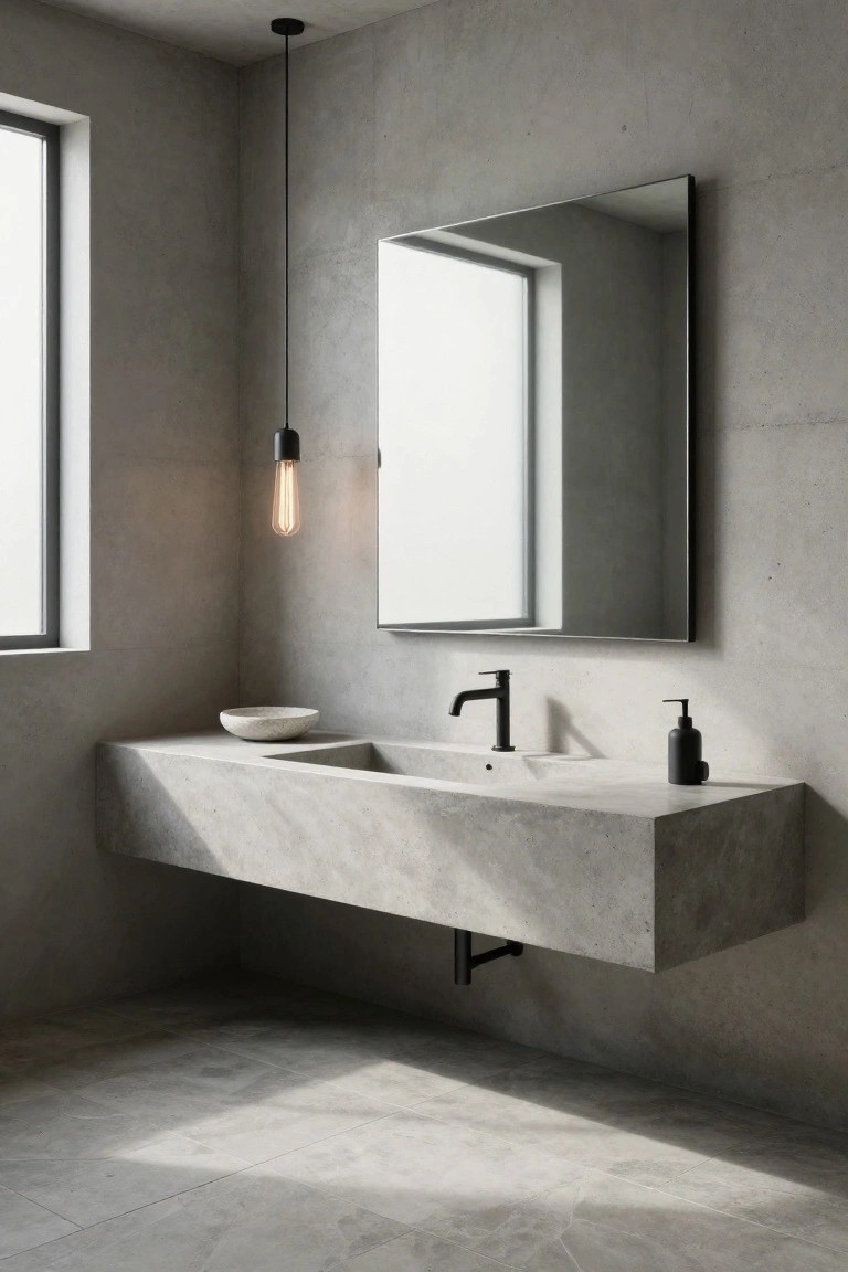Modern minimalist bathroom with gray concrete walls and floor, featuring a floating rectangular concrete vanity with integrated basin, small stone bowl, black faucet and soap dispenser, tall frameless mirror, and single black pendant bulb light.
