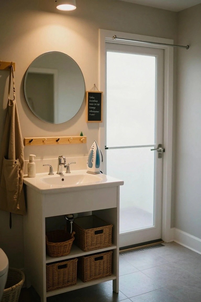 Bathroom with round mirror above white vanity sink, wicker baskets in open shelves below, soap dispenser and blue iron on nearby wooden shelf, frosted glass door adjacent.