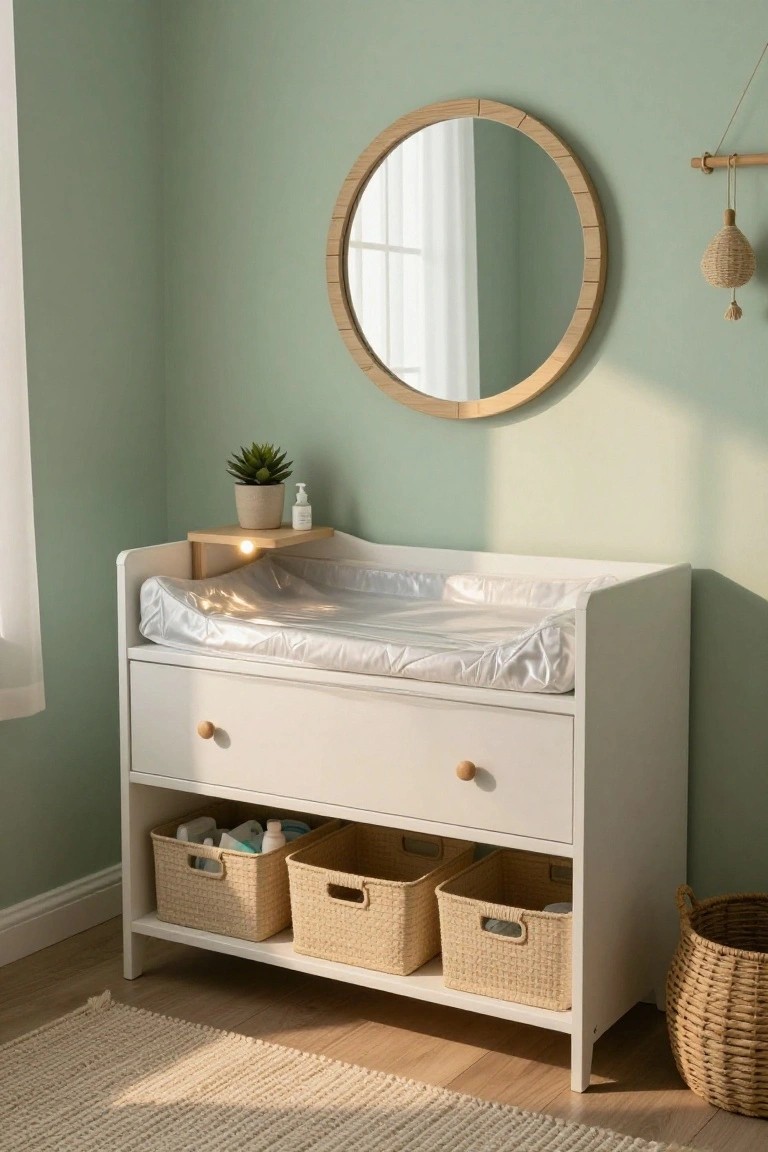 White changing table dresser with pad in a mint green nursery room, round wooden mirror on adjacent wall, wicker baskets in open shelves below, potted succulent and soap dispenser on wooden shelf, rattan hanging decor.
