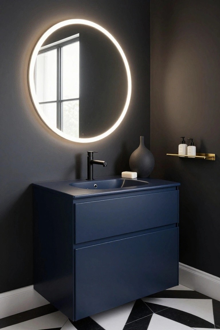 Corner bathroom with dark gray walls, navy blue two-drawer vanity and countertop sink, black faucet, round backlit mirror, gold shelf holding white bottles and black vase with white soap bar, and black-and-white checkered tile floor.