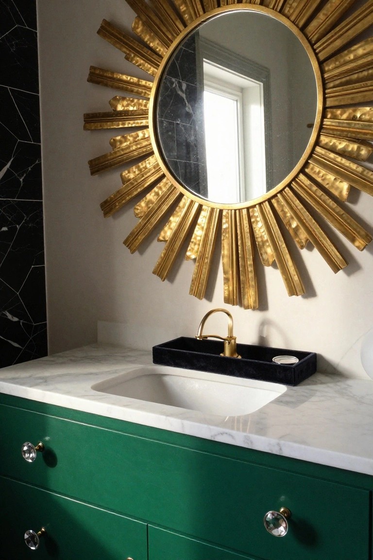 A large gold sunburst mirror mounted on a white wall above a green wooden vanity with marble countertop, white sink, gold faucet, and black tray in a bathroom with black marble wall and window.