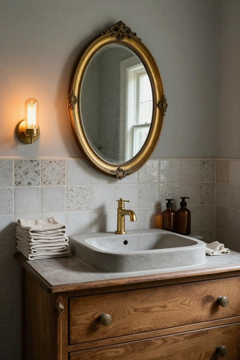 Bathroom vanity setup with a wooden dresser base, gray concrete sink, gold faucet, ornate gold-framed oval mirror above, brass wall sconce, stacked white towels, and white pebble-patterned tile backsplash.