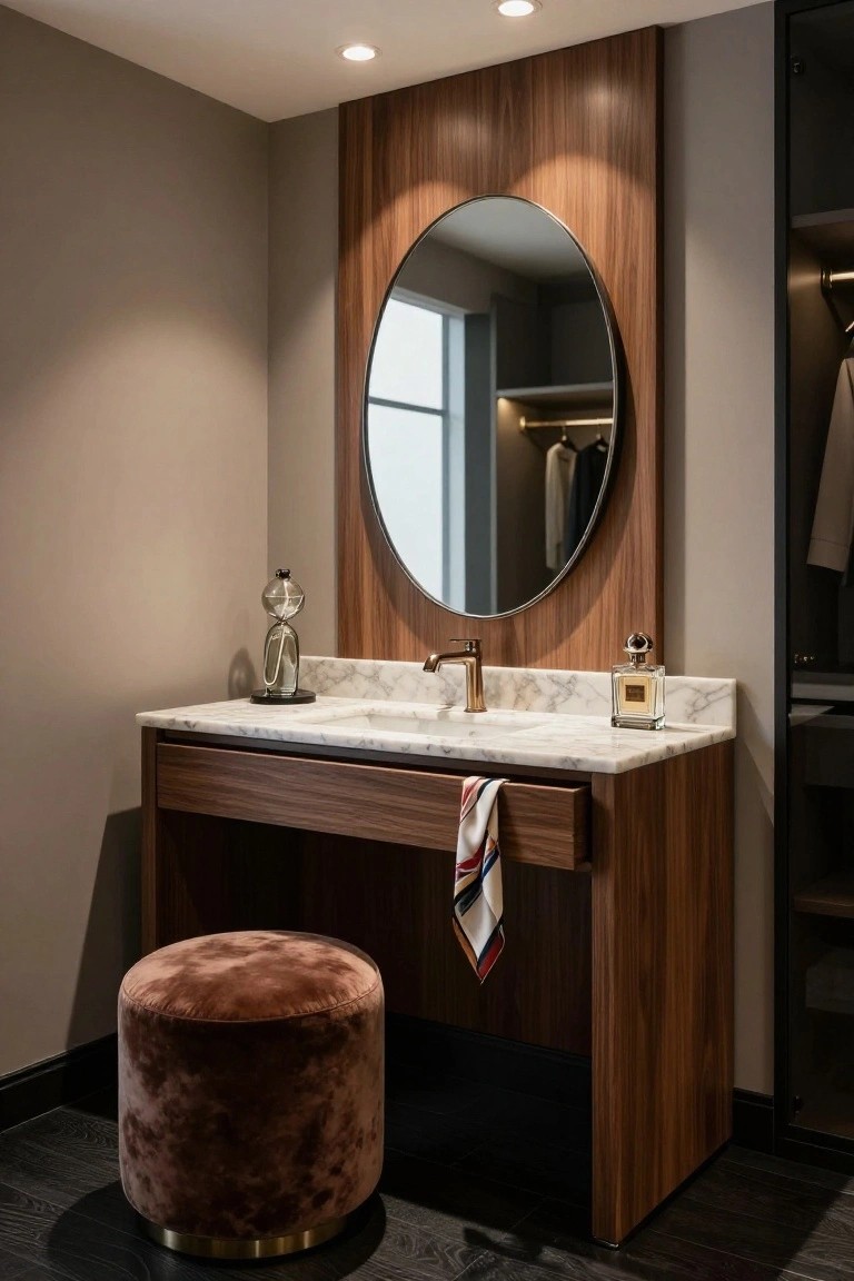 Corner dressing area featuring a wooden vanity console with marble countertop and brass faucet, large round mirror integrated into matching wood paneling, glass perfume bottle, striped scarf in drawer, rust-colored velvet pouf stool, and adjacent wardrobe with hanging clothes.