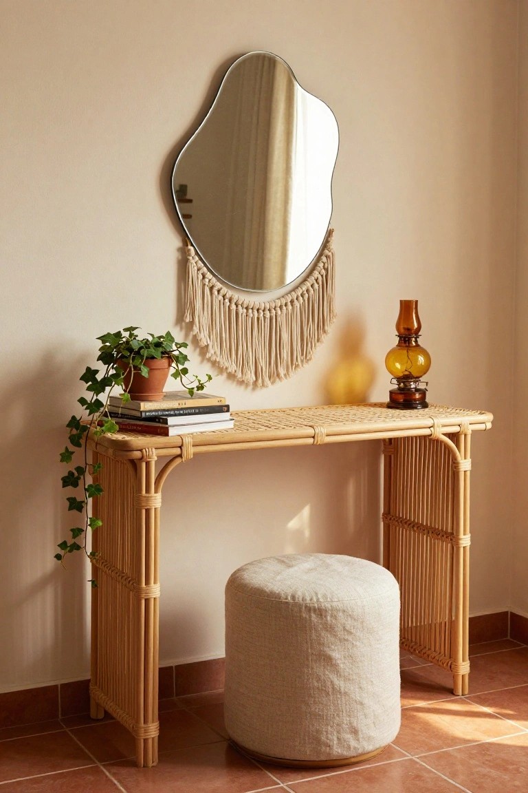 A corner of a beige room with terracotta tile floor shows a rattan console table holding stacked books, a potted ivy plant, and an amber glass oil lamp, beneath a round wavy-edged mirror with white macrame hanger, and a cream fabric pouf in front.