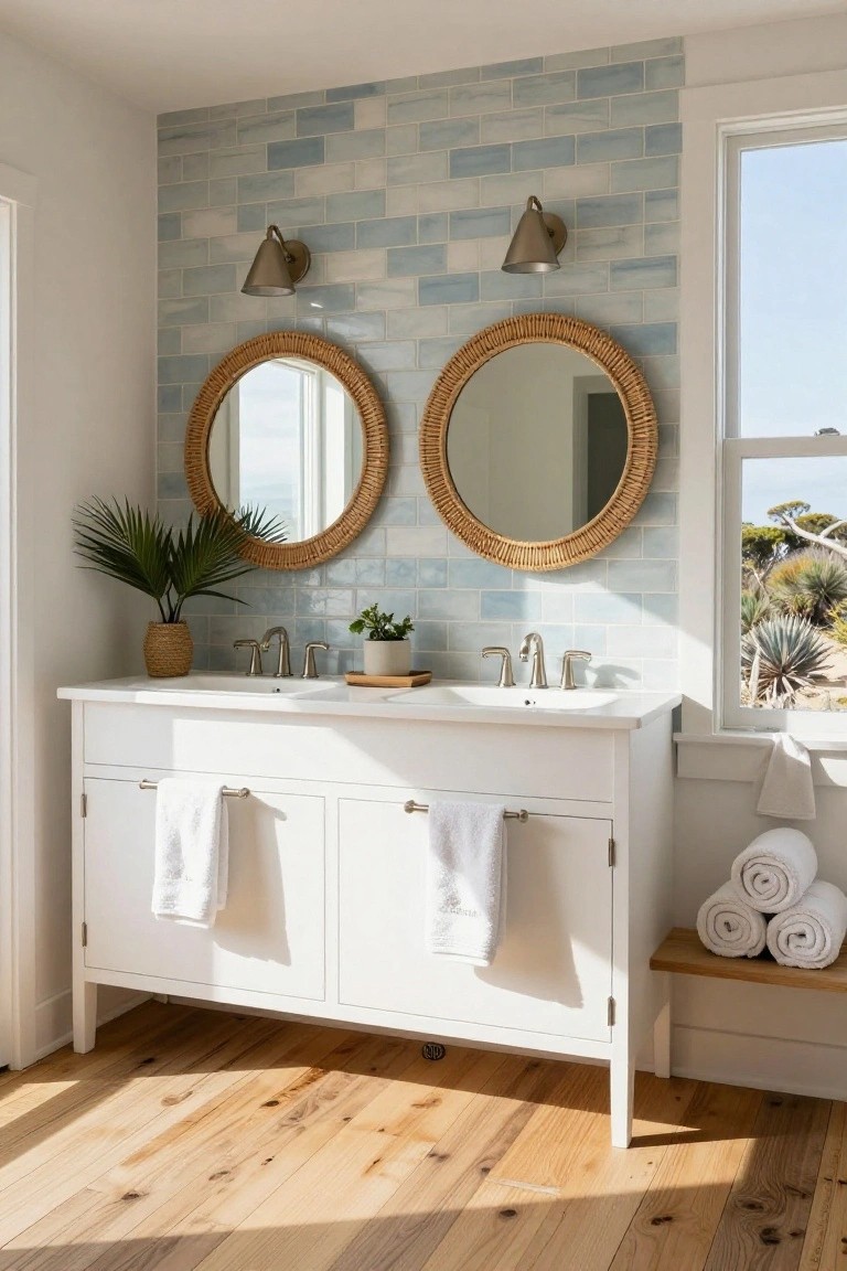 White double vanity with two round rattan mirrors, nickel faucets, blue subway tile backsplash, potted plants, folded towels, and hardwood floors in a bathroom with window view of desert plants.