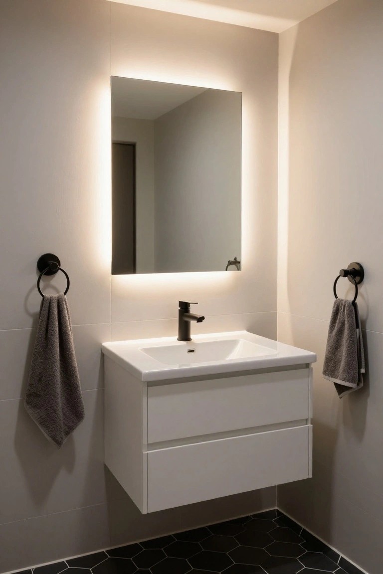 Modern bathroom with rectangular backlit mirror above white floating double-drawer vanity and sink with black matte faucet, flanked by gray towels on black wall holders, light gray walls, and black hexagonal floor tiles.