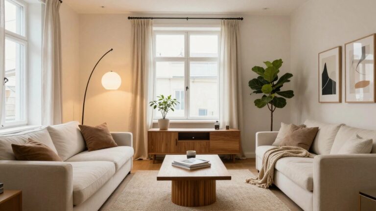 Modern apartment living room with light gray sofas, wooden credenza holding a TV, oval wooden coffee table, two arched floor lamps, potted fiddle leaf fig plant, abstract wall art, and warm LED strip lighting along the ceiling perimeter.