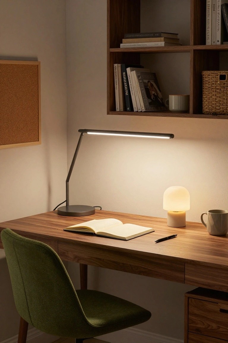 Wooden desk with open notebook, black pen, beige mug, slim gray adjustable task lamp, white mushroom-shaped lamp, green upholstered chair, and wooden bookshelves holding books and a basket in a warmly lit room.