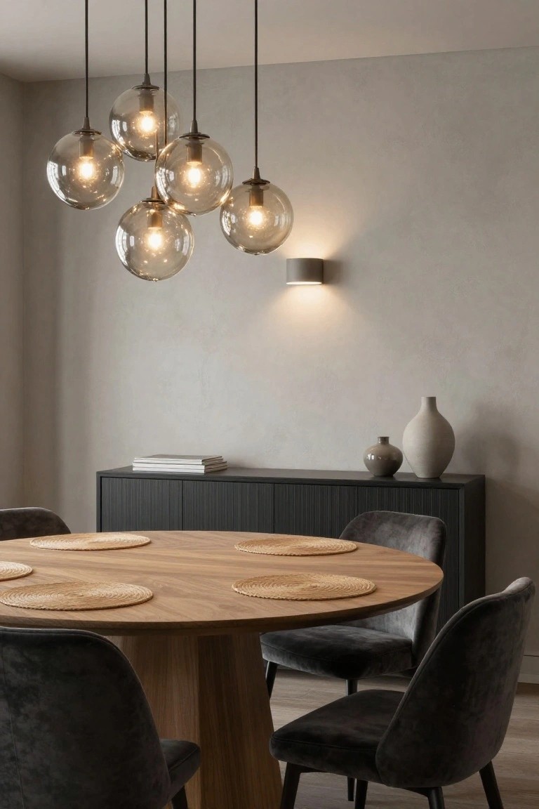 Modern dining room featuring a round wooden table with woven placemats and four gray velvet chairs, a black sideboard with stacked books and ceramic vases on a light gray wall, a cluster of smoked glass pendant lights overhead, and a cylindrical wall sconce.