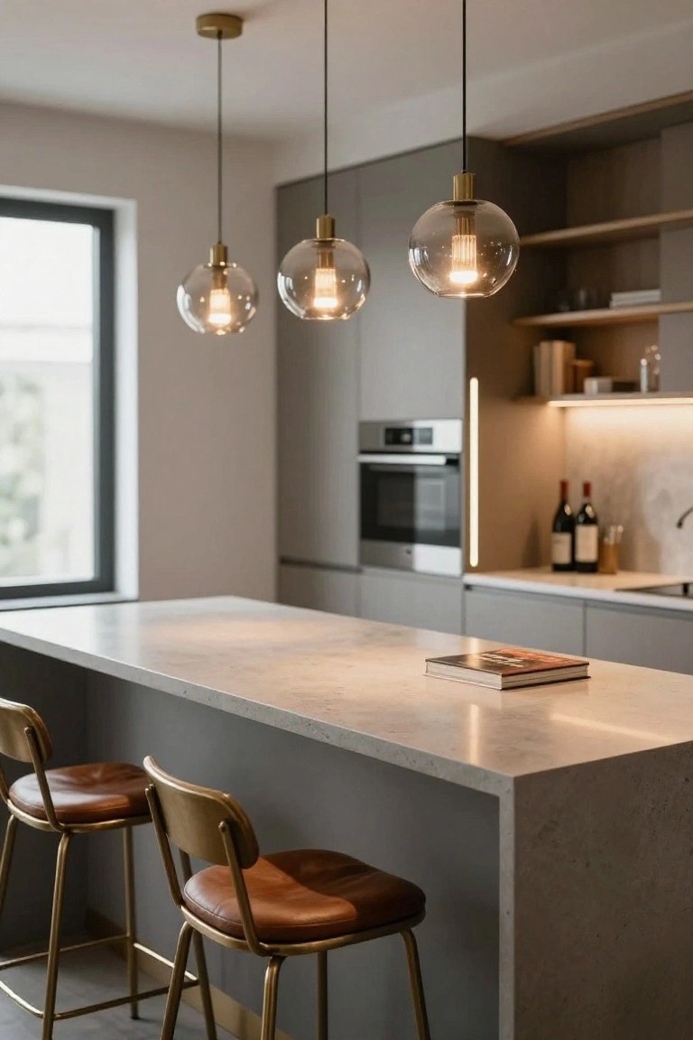 Modern kitchen interior with gray cabinets, white quartz island bar, two tan leather bar stools with gold frames, three clear glass globe pendant lights with brass accents hanging above the island, built-in oven, wine bottles on counter, and a large window.