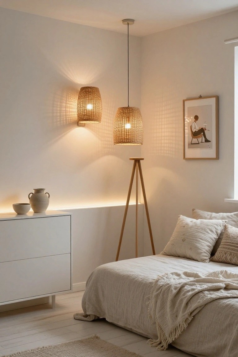 Bedroom interior with white walls, wood floor, low platform bed with beige linens, white low dresser holding terracotta pots, framed artwork, window, and rattan pendant light, wall sconces, and tripod floor lamp emitting warm glow.