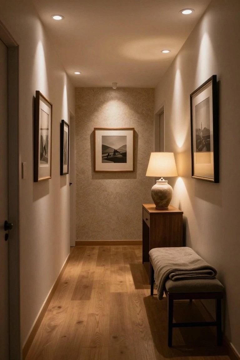 Narrow apartment hallway with light wood flooring, beige textured walls, black and white framed ship photos, wooden console table holding ceramic lamp and vase, bench with blanket, recessed ceiling lights, and closed doors.