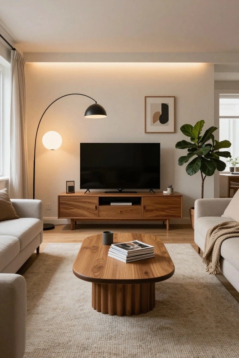Modern apartment living room with light gray sofas, wooden credenza holding a TV, oval wooden coffee table, two arched floor lamps, potted fiddle leaf fig plant, abstract wall art, and warm LED strip lighting along the ceiling perimeter.
