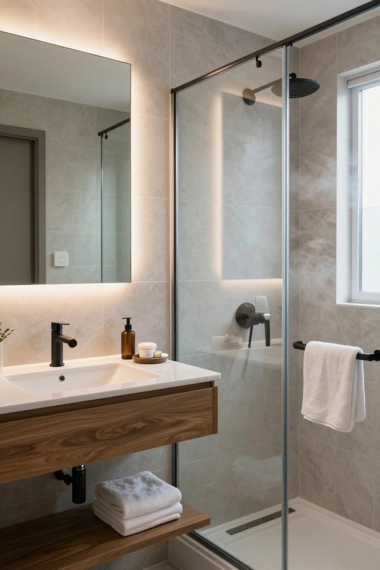 Modern apartment bathroom with backlit rectangular mirror, floating wooden vanity and sink, glass shower enclosure, folded towels, and LED strip lighting on gray tiled walls.