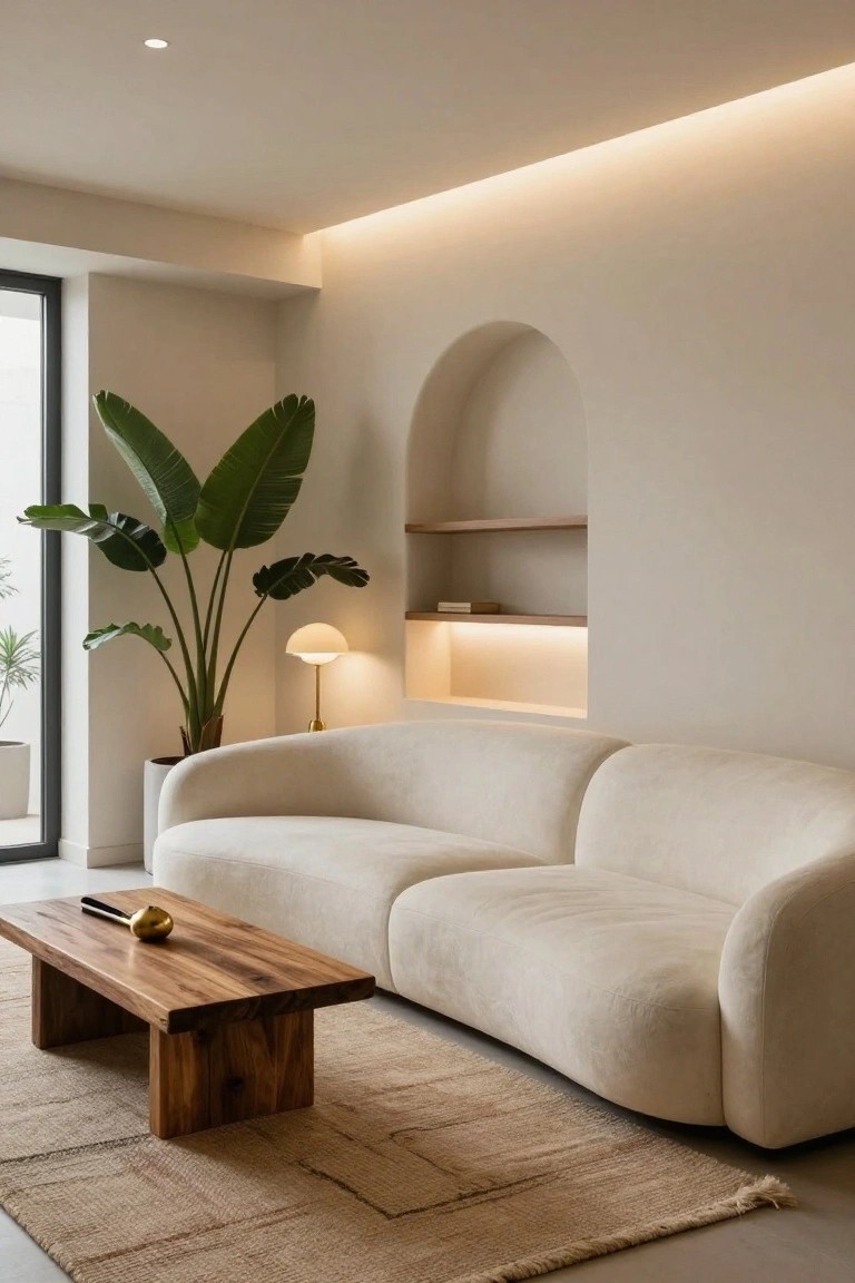 Modern apartment living room featuring a curved cream sofa, wooden coffee table, large potted banana plant, arched wall niche with shelf and lamp, and ambient LED lighting from ceiling recess and niche.