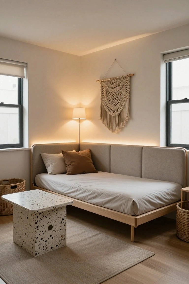 Corner of a small apartment bedroom with light gray walls, beige upholstered daybed, white speckled side table, rattan baskets, macrame wall hanging, floor lamp, and thin LED strip lights along wall edges.