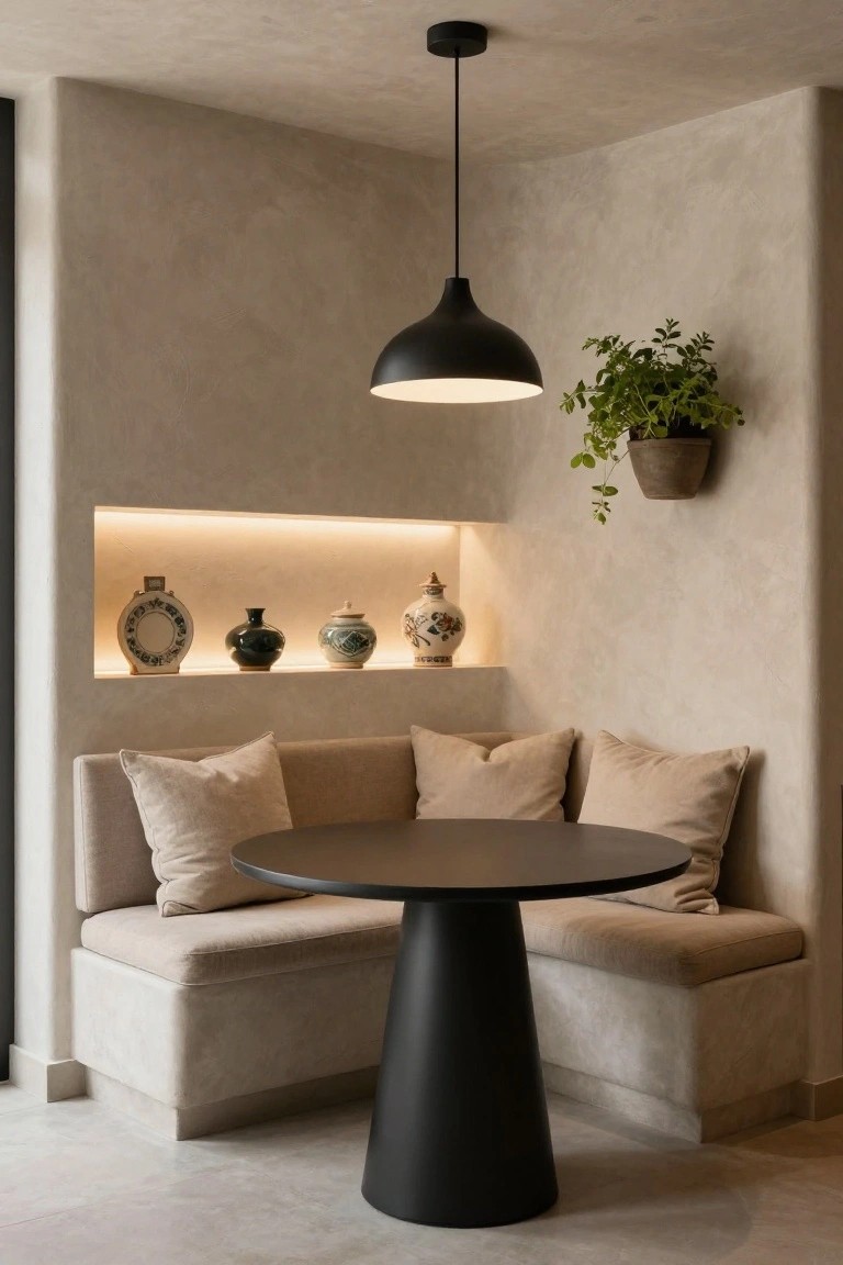 Corner banquette with beige cushions around a black pedestal table under a black pendant lamp, next to a beige wall niche displaying lit ceramic vases and a potted plant hanging nearby.