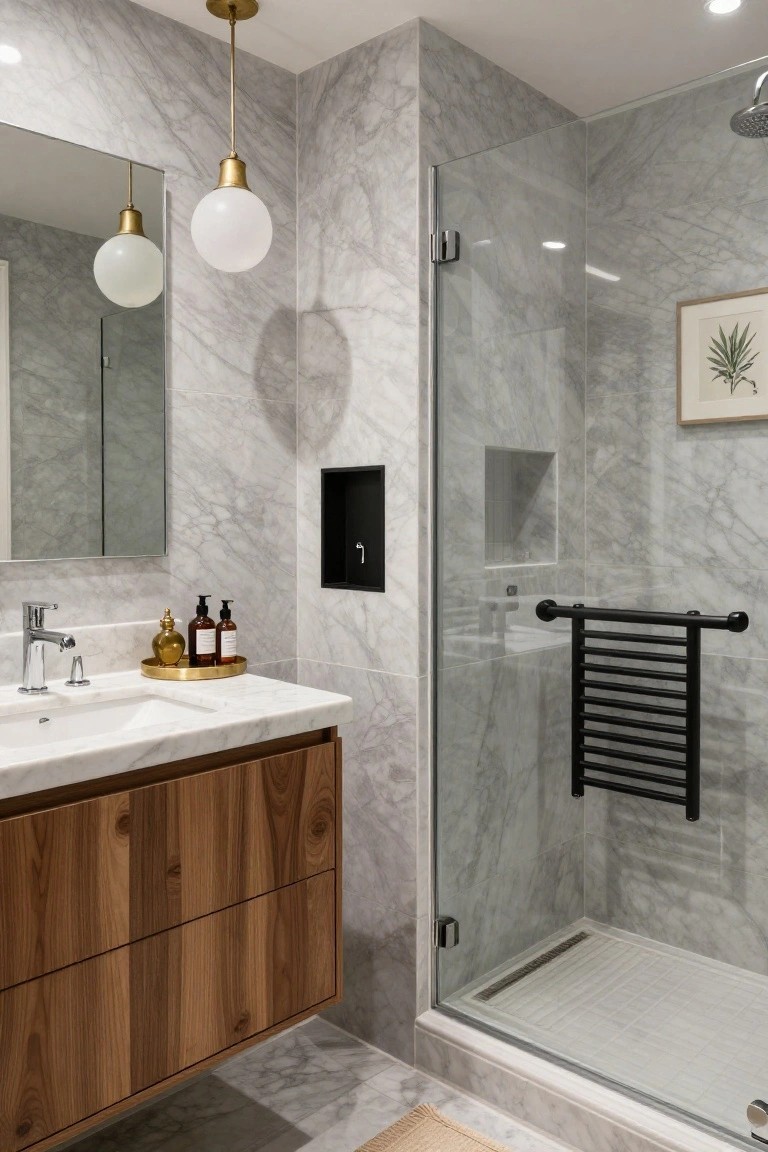Modern bathroom featuring gray marble tiled walls and floor, walnut wood vanity with white sink, glass shower enclosure, black towel radiator, and two brass globe pendant lights hanging over the vanity.