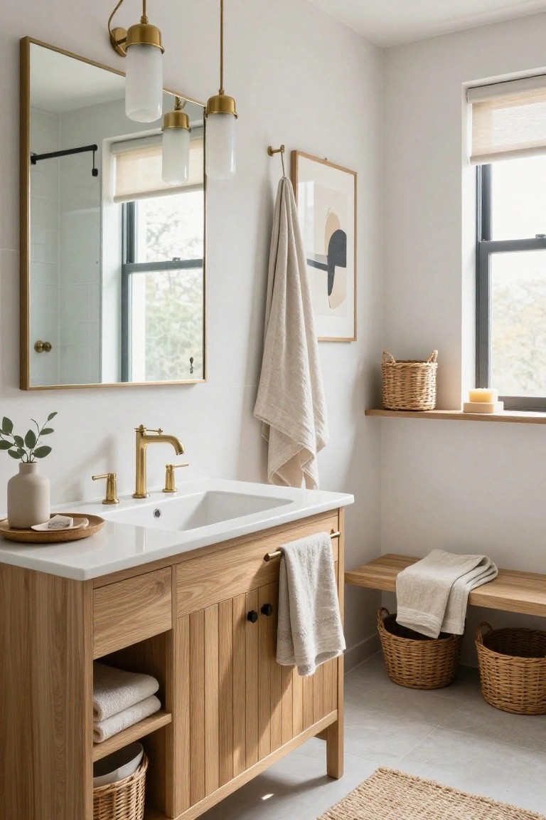 A modern bathroom with oak wood vanity and white sink under brass pendant lights with white shades, gold-framed mirror, hanging linen towels, woven baskets, and plants on a white tiled wall.