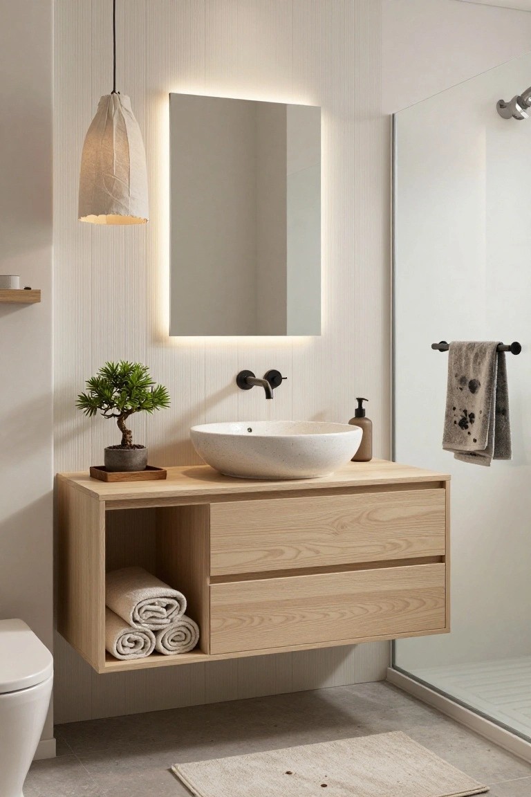 Modern bathroom interior with a hanging conical fabric pendant light above a floating wooden vanity holding a white vessel sink, bonsai plant on a shelf, backlit mirror, towel rail, and glass shower enclosure.