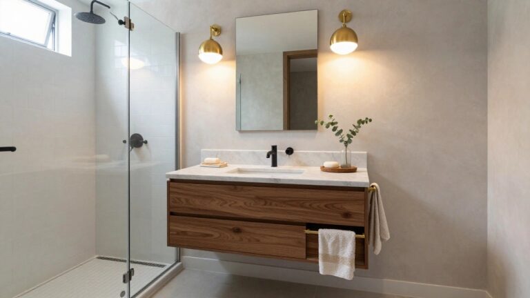 Modern bathroom with floating walnut vanity topped in white marble, two brass pendant lights with white globe shades flanking a rectangular mirror, glass shower enclosure with white subway tile, and neutral walls.